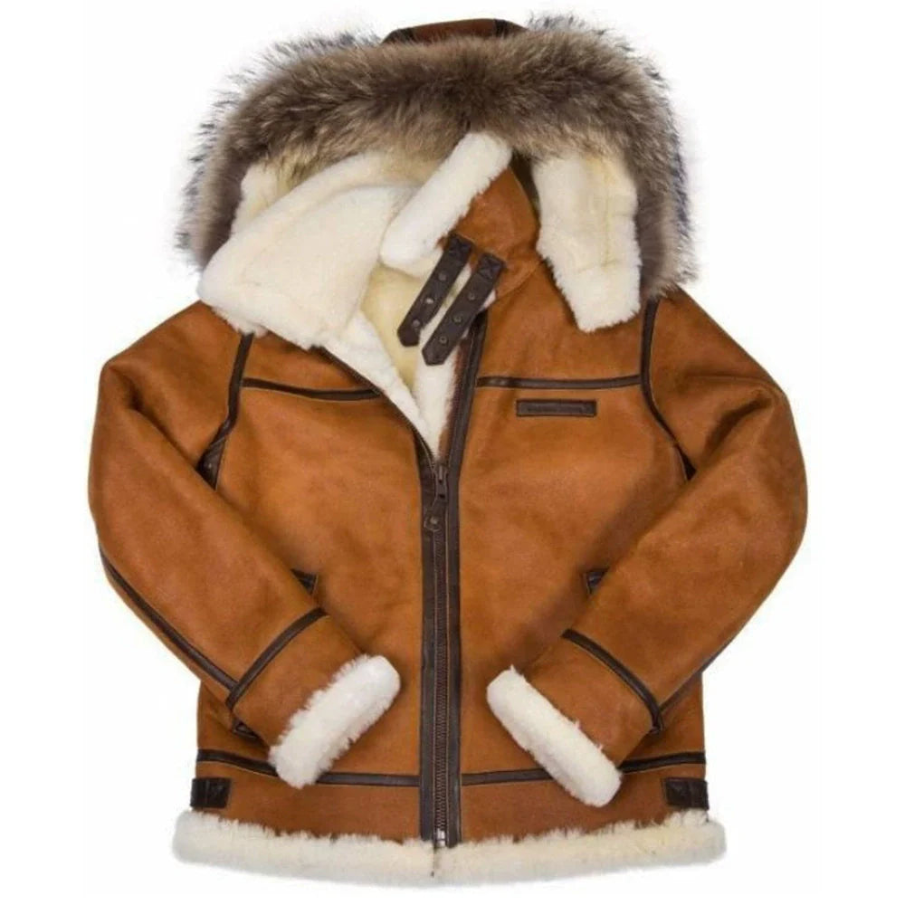 Men’s Aviator Jacket – Regular Fit – Wool Lined – Fur Hood – Heavy-Duty Zipper