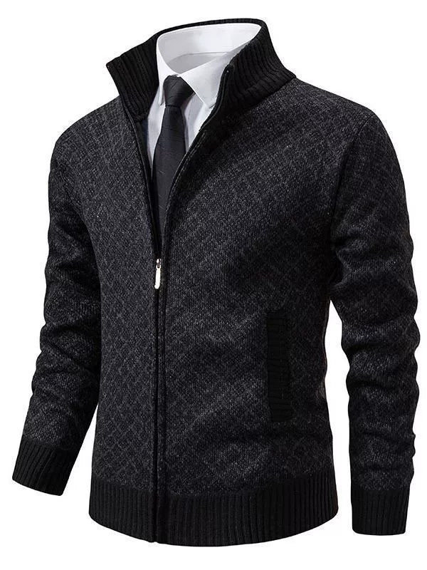 Men’s Cardigan Sweater – Slim Fit Wool Knit – Stand Collar – Zip Front – Ribbed Trim