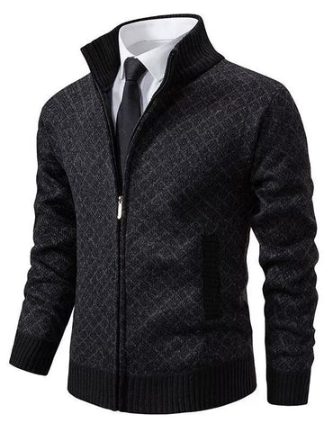 Men’s Cardigan Sweater – Slim Fit Wool Knit – Stand Collar – Zip Front – Ribbed Trim