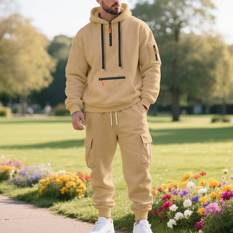 Men’s Two-Piece Tracksuit Set – Relaxed Fit Hoodie with Half-Zip – Cargo Joggers with Zip Pockets