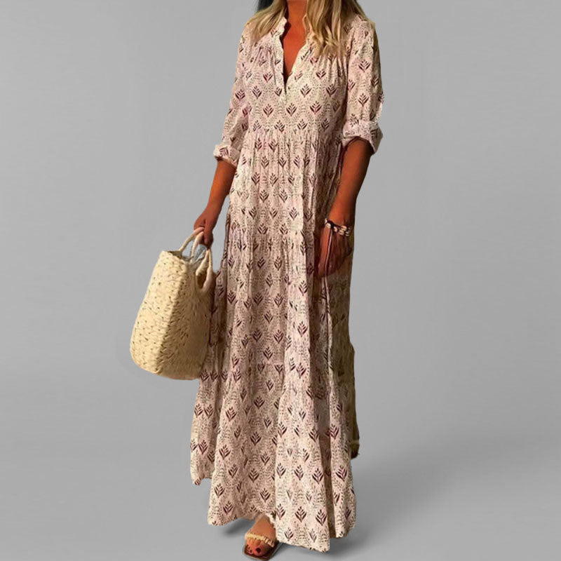 Women’s Maxi Dress – Relaxed Fit – Natural Fibers – V-Neck – Boho Print – 3/4 Sleeve