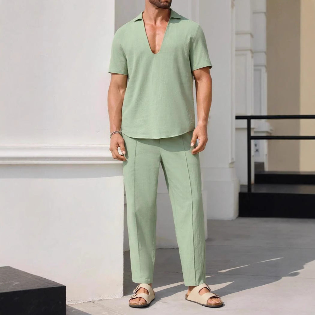 Men’s Casual Suit Set – Cotton Linen Blend – Relaxed Fit – Short Sleeve & Straight-Leg