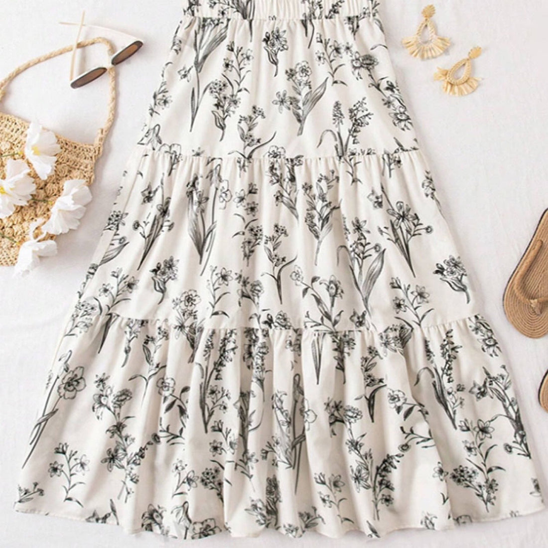 Women’s Midi Skirt – Lightweight Flowy Fit – Tiered Design – Elastic Waist – Floral Print