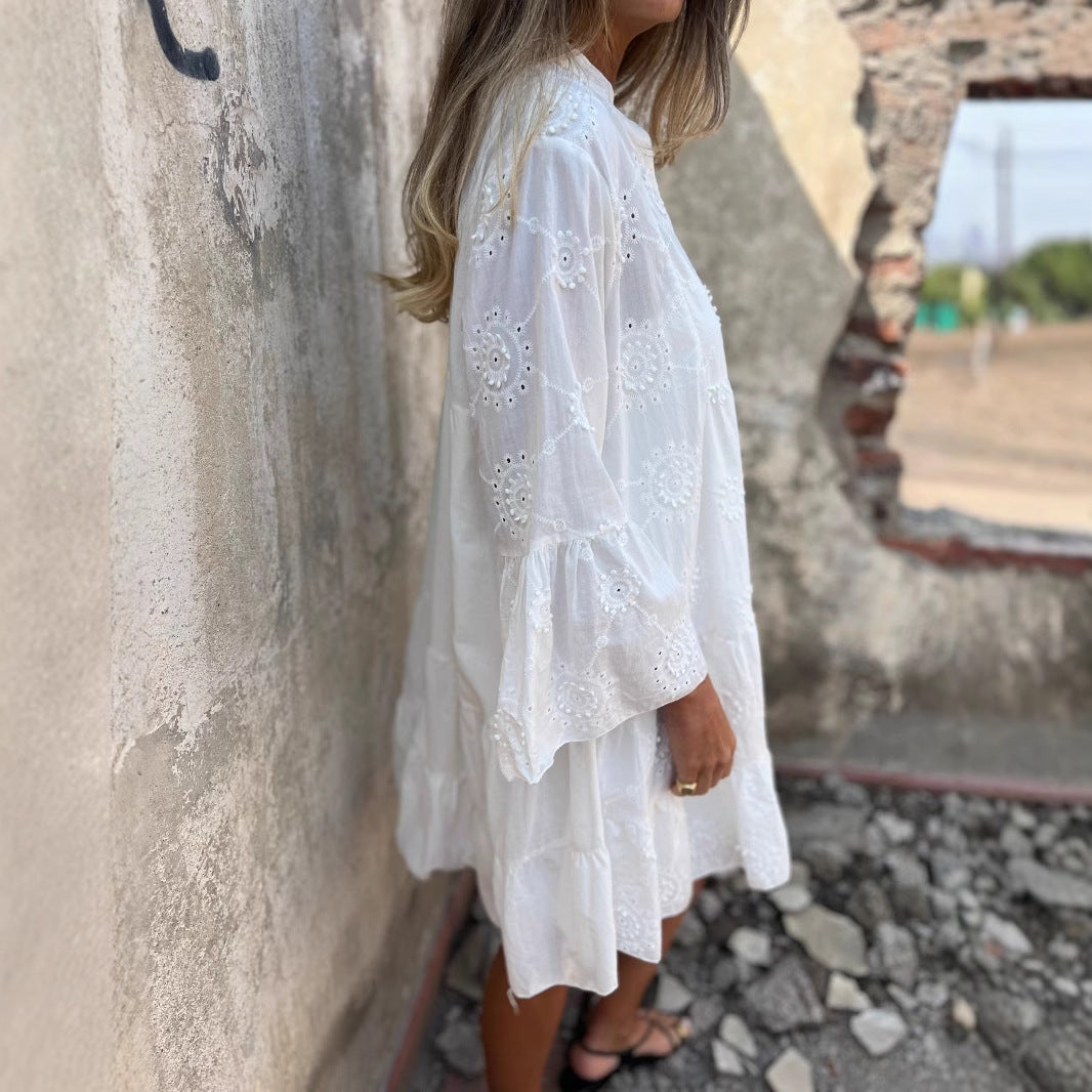 Women’s Dress – Cotton Eyelet Lace – Loose Fit – V-Neck – Button Front – Boho Style