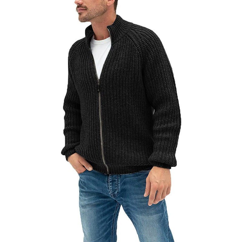 Men’s Cardigan – Chunky Wool Knit – Full-Zip – High Collar – Raglan Sleeves – Regular Fit