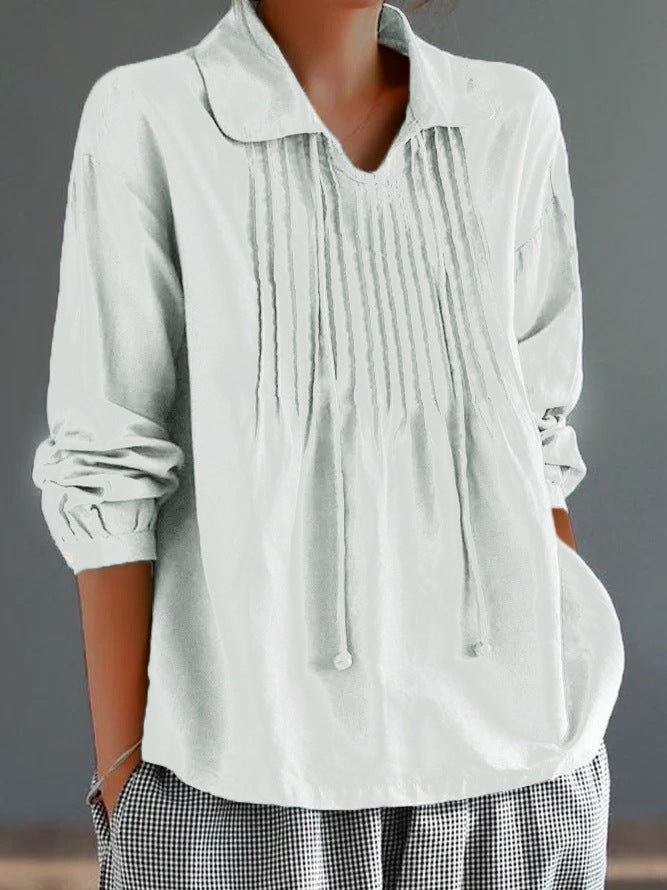 Women’s Long Sleeve Shirt – Cotton Linen Blend – Relaxed Fit – Pleated Front – Collared – Drawstring Neck