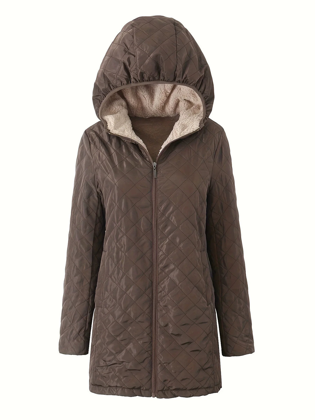 Women’s Quilted Hooded Jacket – Relaxed Fit – Plush Lined – Mid-Thigh Length – Zip Closure