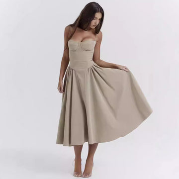 Women’s Midi Dress – Fitted Bodice – Spaghetti Straps – Pleated Flared Skirt