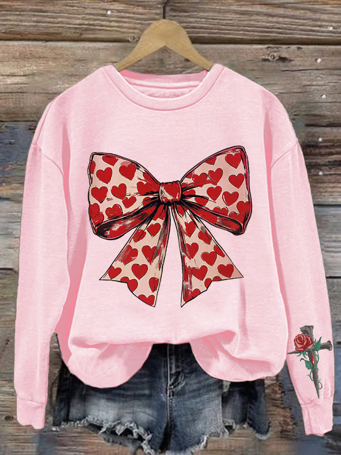 Women’s Sweatshirt – Relaxed Oversized Fit – Crew Neck – Graphic Bow and Rose Print
