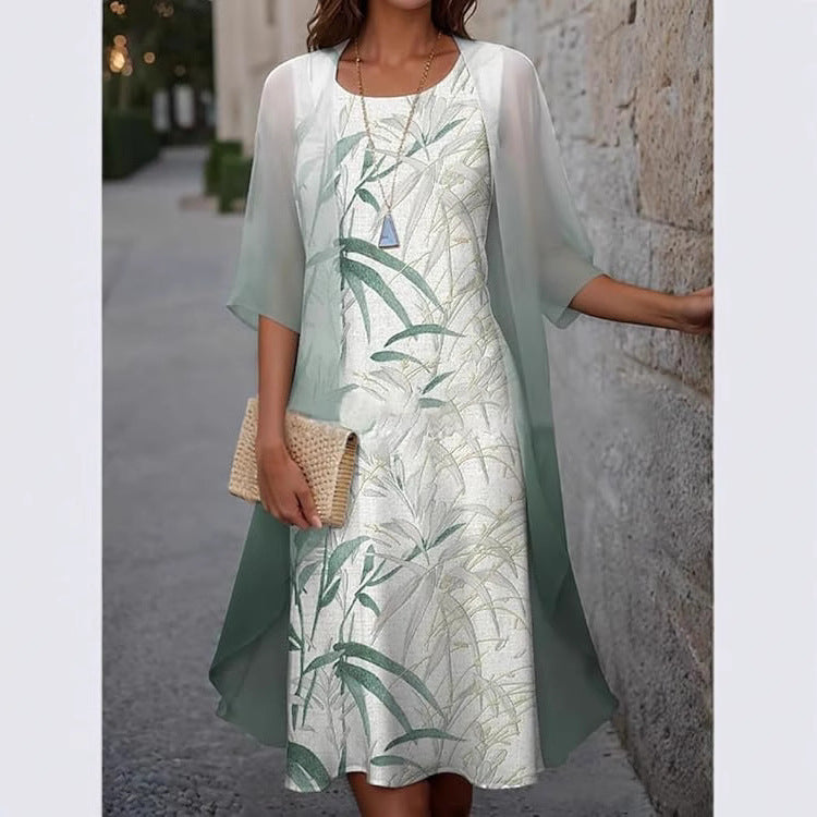 Women’s Two-Piece Dress Set – Loose Fit – Sheer Gradient Layer – Botanical Print Midi