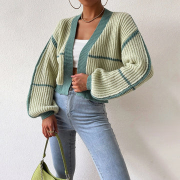 Women’s Knitted Cardigan – Cropped Fit – Ribbed Texture – V-Neck – Balloon Sleeves