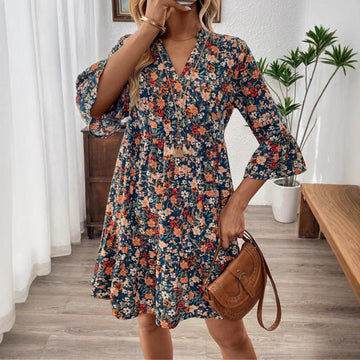 Women’s V-Neck Dress – Floral Print – A-Line Fit – 3/4 Flare Sleeve – Cotton Casual Wear