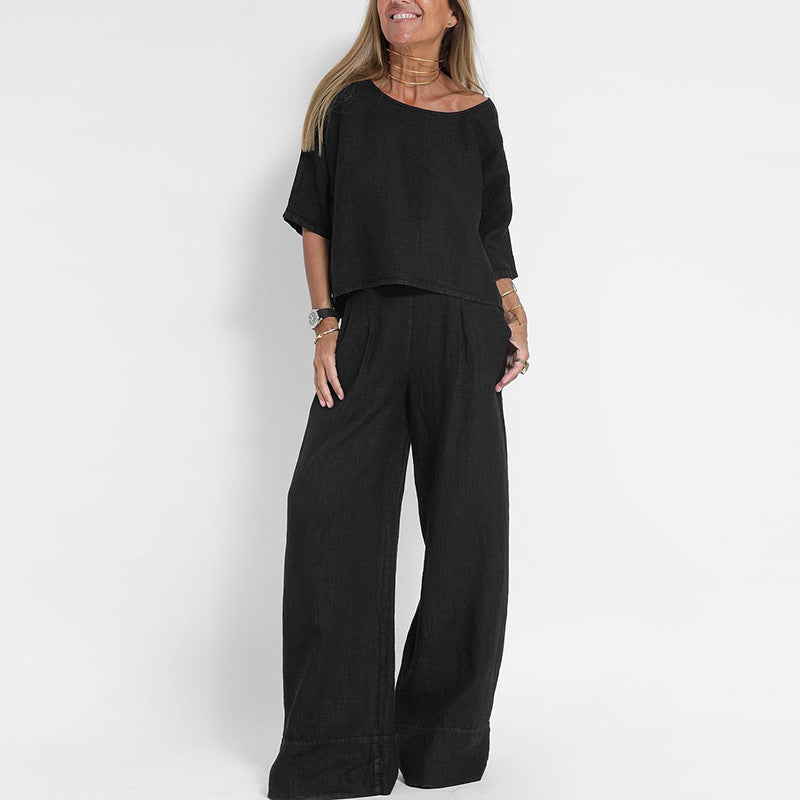 Women’s Two-Piece Set – Linen Blend – Relaxed Fit – Short Sleeve Top & Wide-Leg Trousers