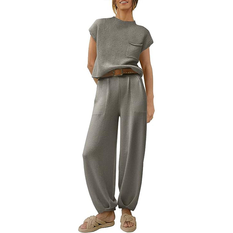 Women’s Knit Sweater Set – Cropped Short Sleeve Top with Chest Pocket – Wide Leg Trousers