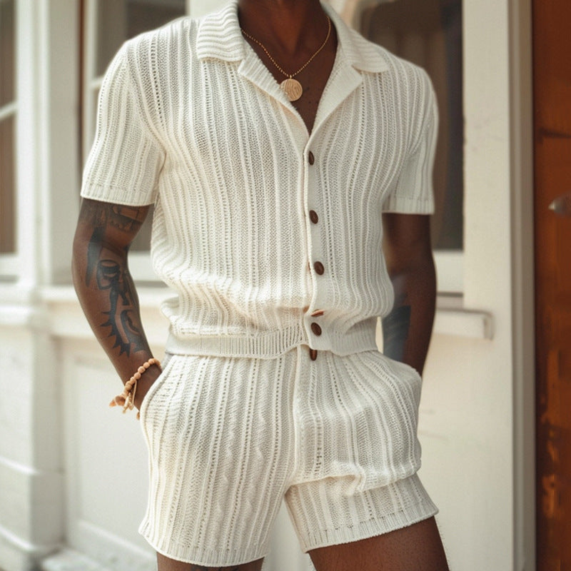 Men’s Knit Shirt and Shorts Set – Slim Fit – Button-Up Polo Collar – Breathable Knit