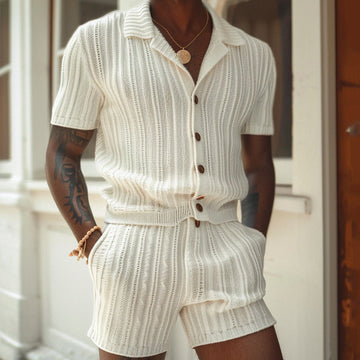 Men’s Knit Shirt and Shorts Set – Slim Fit – Button-Up Polo Collar – Breathable Knit