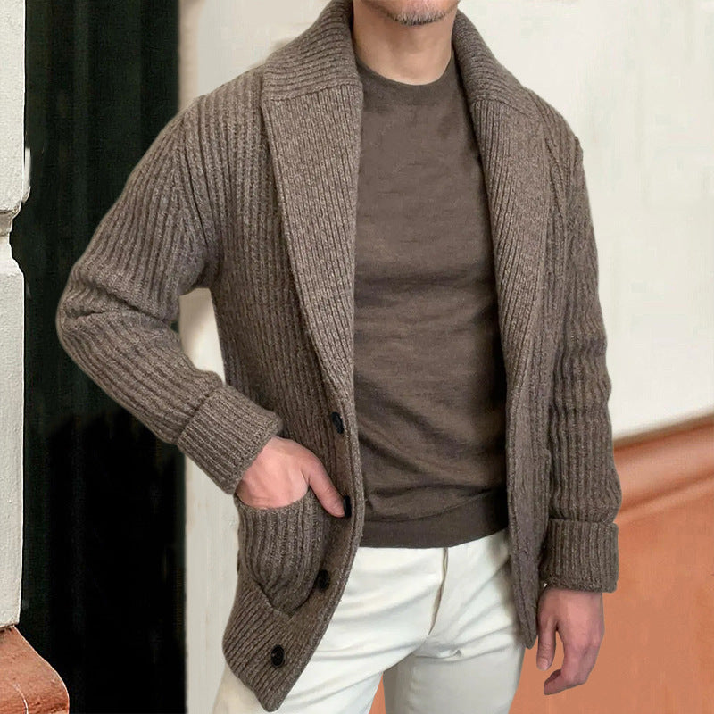 Men’s Knitted Cardigan – Wool Blend – Relaxed Fit – Shawl Collar – Button Front – Ribbed