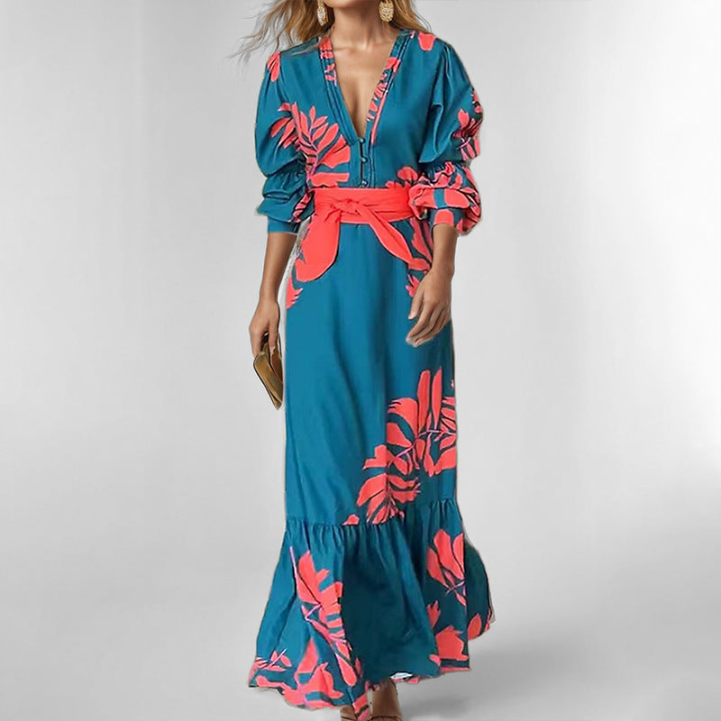 Women’s Maxi Dress – V-Neck – Puff Sleeve – Belted Waist – Bold Print – Elegant Fit
