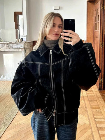 Women’s Oversized Jacket – Relaxed Fit – Contrast Stitching – Zip Front – Elastic Cuffs