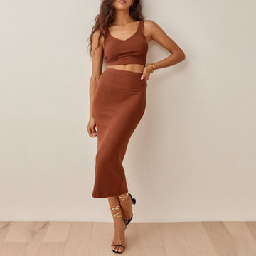 Women’s Matching Set – Ribbed Knit – Slim Fit V-Neck Crop Top & High-Waist Midi Skirt