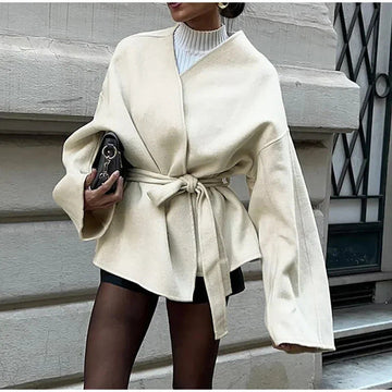 Women’s Wrap Coat – Wool Texture – Oversized Fit – Belted Waist – Minimalist Style