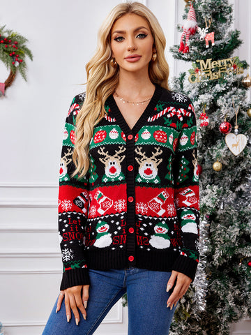 Women’s Cardigan – Loose Fit Knit – V-Neck – Button Front – Ribbed Trim – Holiday Motif