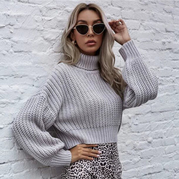 Women’s Sweater – Wool Blend Knit – Cropped Fit – High Turtleneck – Balloon Sleeves