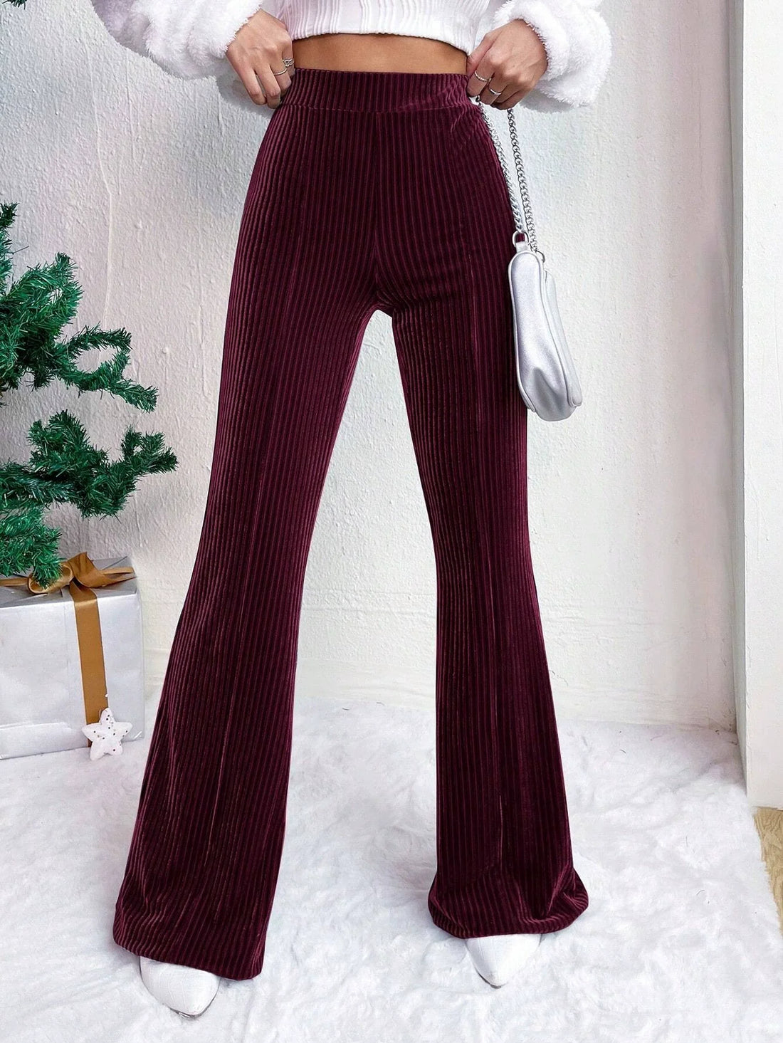 Women’s Flared Pants – High Waist Pull-On – Ribbed Texture – Full Length Wide Leg