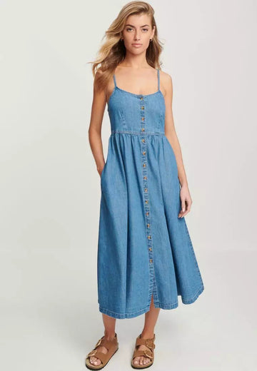 Women’s Midi Dress – Denim Fabric – A-Line Fit – Spaghetti Straps – Elastic Back