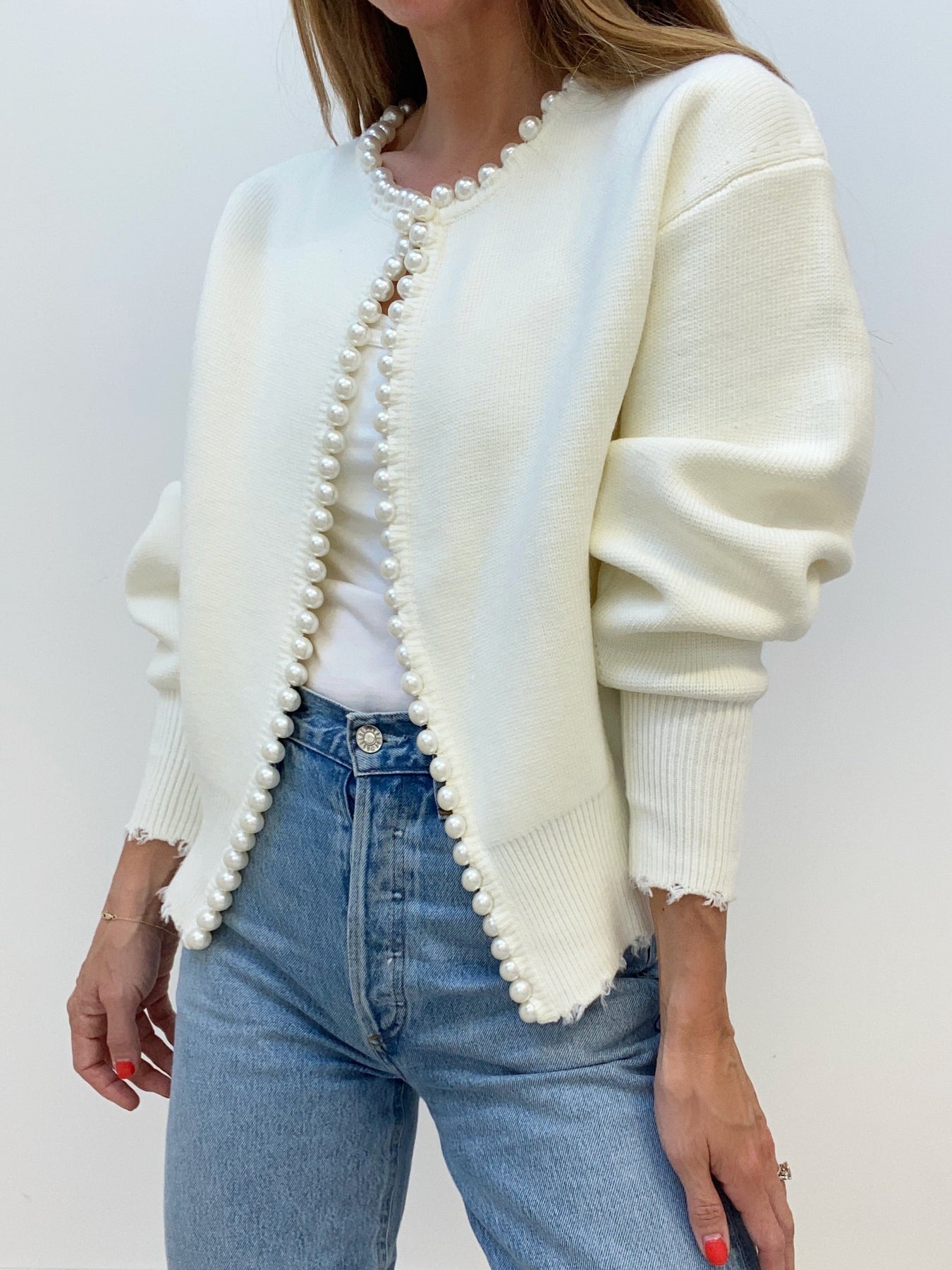 Long sleeve pearl loose cardigan for women