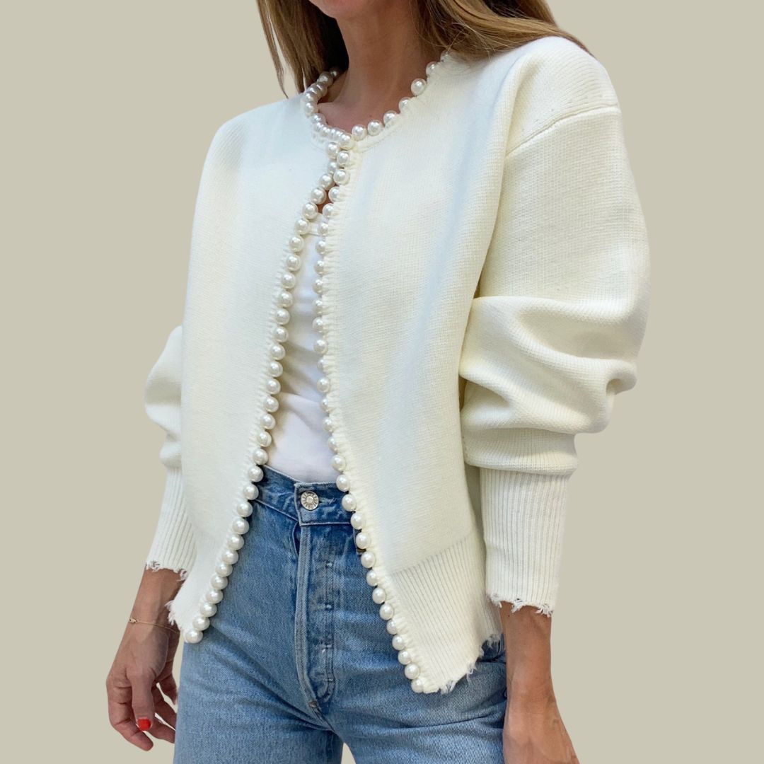 Women’s Cardigan – Knitted Relaxed Fit – Pearl Trim – Open Front – Drop Shoulder
