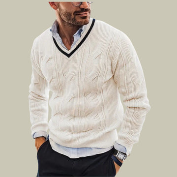 V-neck slim fit long sleeve knit sweater for men