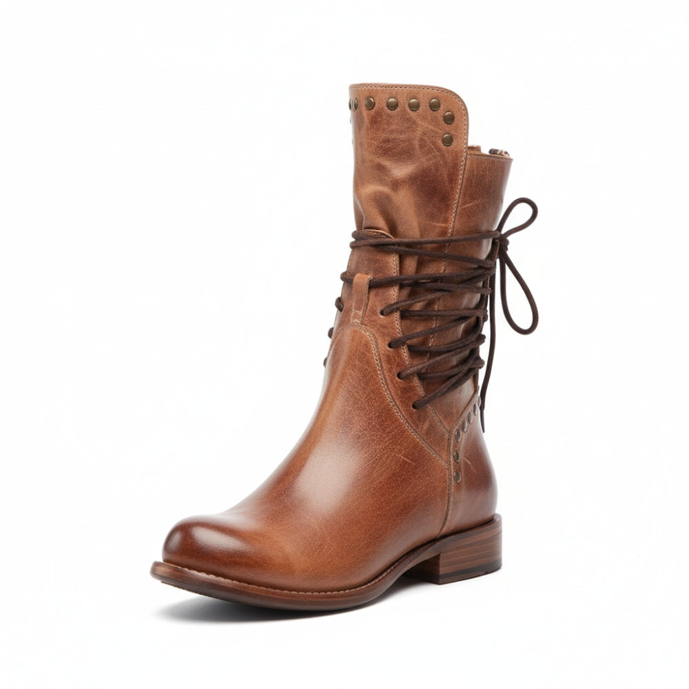 Artisan Lace-Up Leather Boots for Women | Mid-Calf with Low Heel | Vintage Brown Finish
