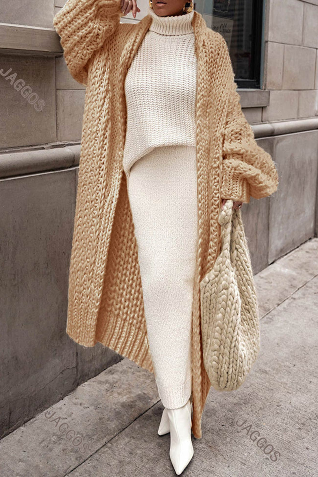 Open front knitted long winter cardigan