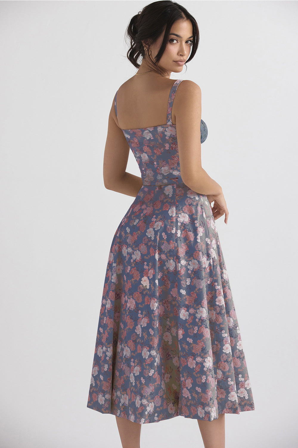 Women's Midi Dress - Floral Print - Sweetheart Neckline - Adjustable Straps - Flared Skirt