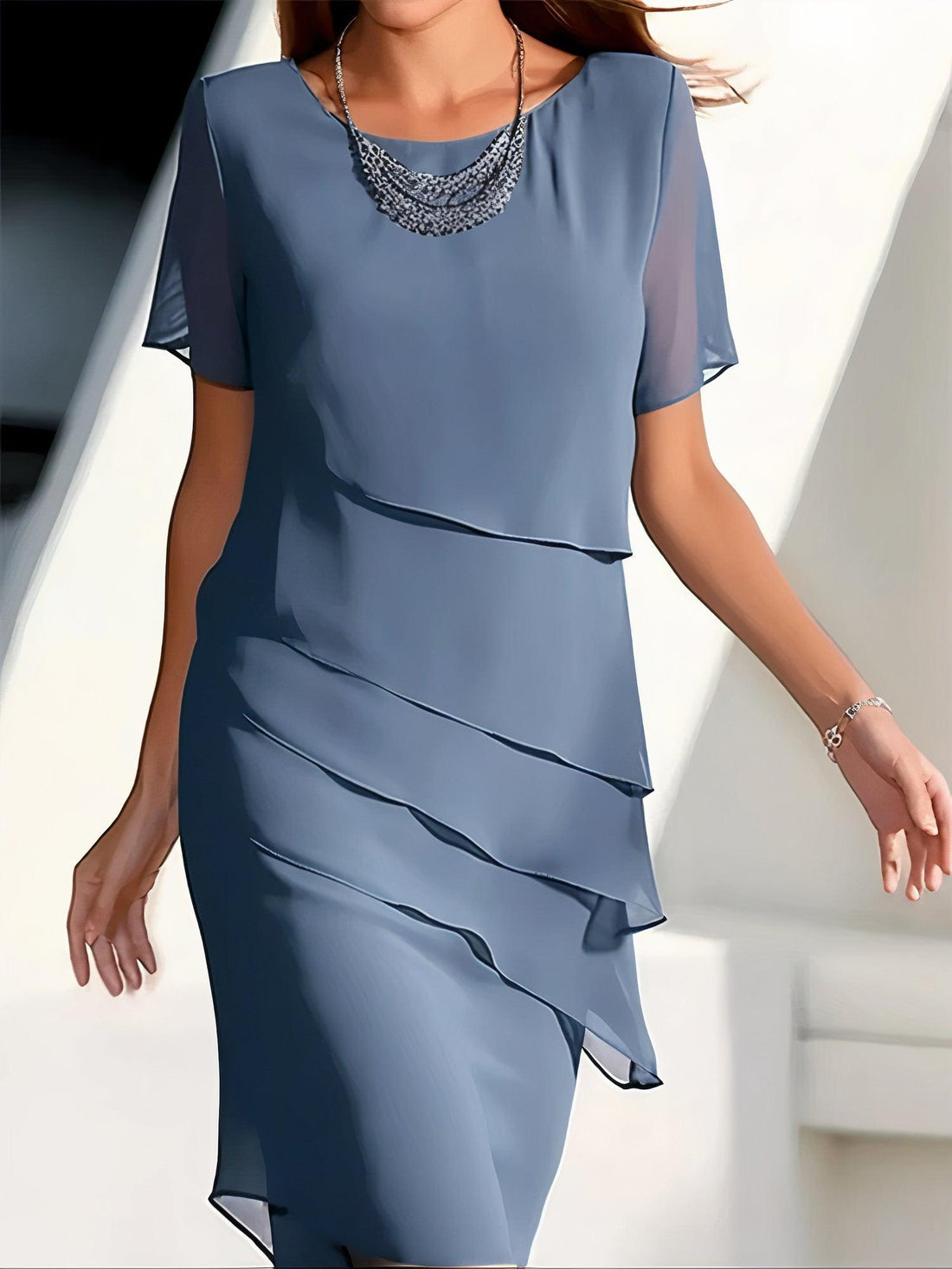 Women’s Midi Dress – Flowy Draped Fit – Tiered Layers – Short Sleeve Formal Style