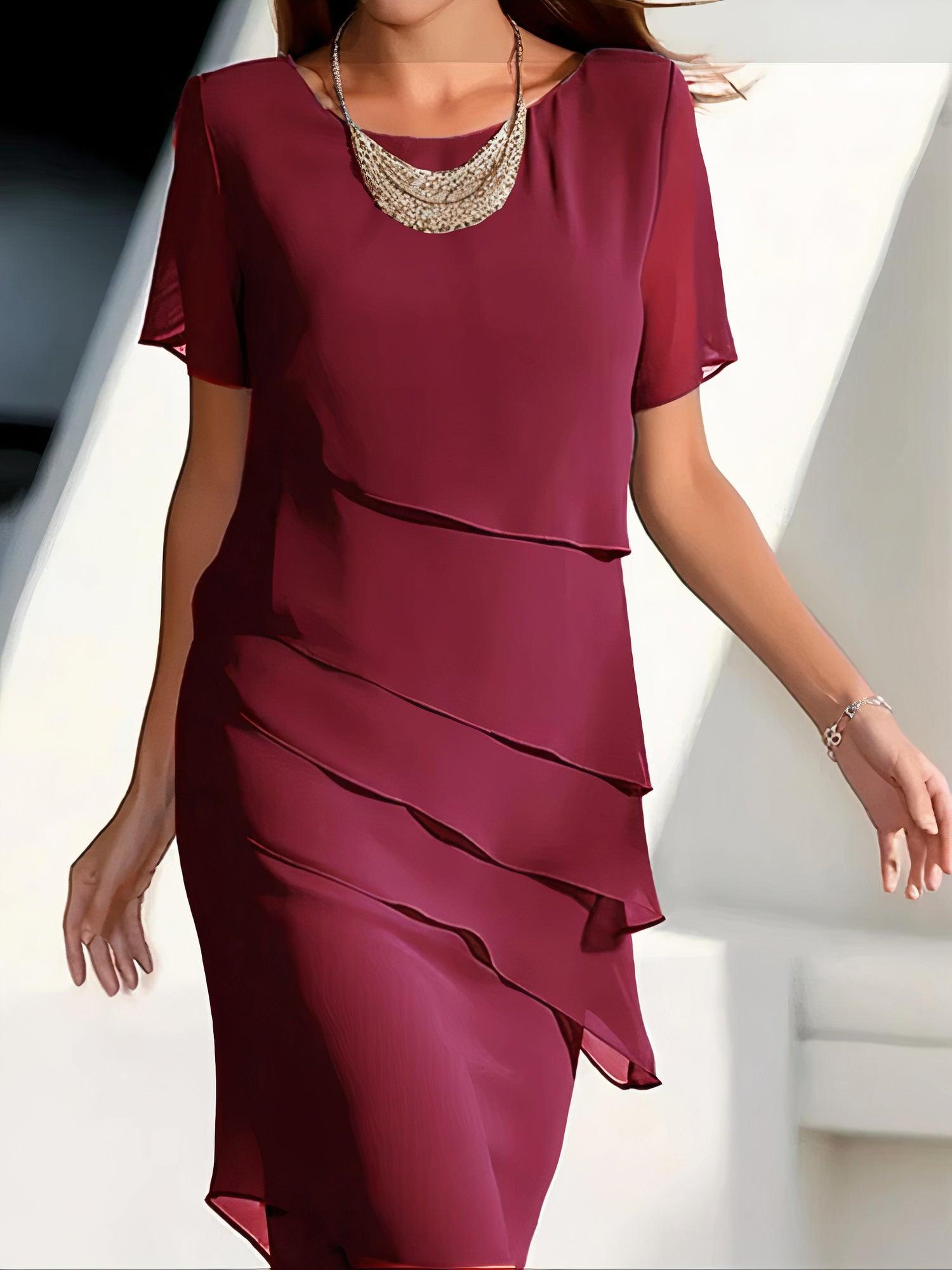 Women’s Midi Dress – Flowy Draped Fit – Tiered Layers – Short Sleeve Formal Style