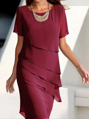 Women’s Midi Dress – Flowy Draped Fit – Tiered Layers – Short Sleeve Formal Style