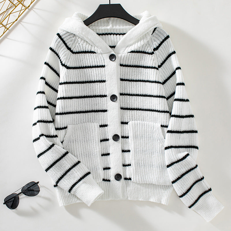 Women’s Hooded Cardigan Sweater – Knit – Relaxed Fit – Button Front – Striped Casual