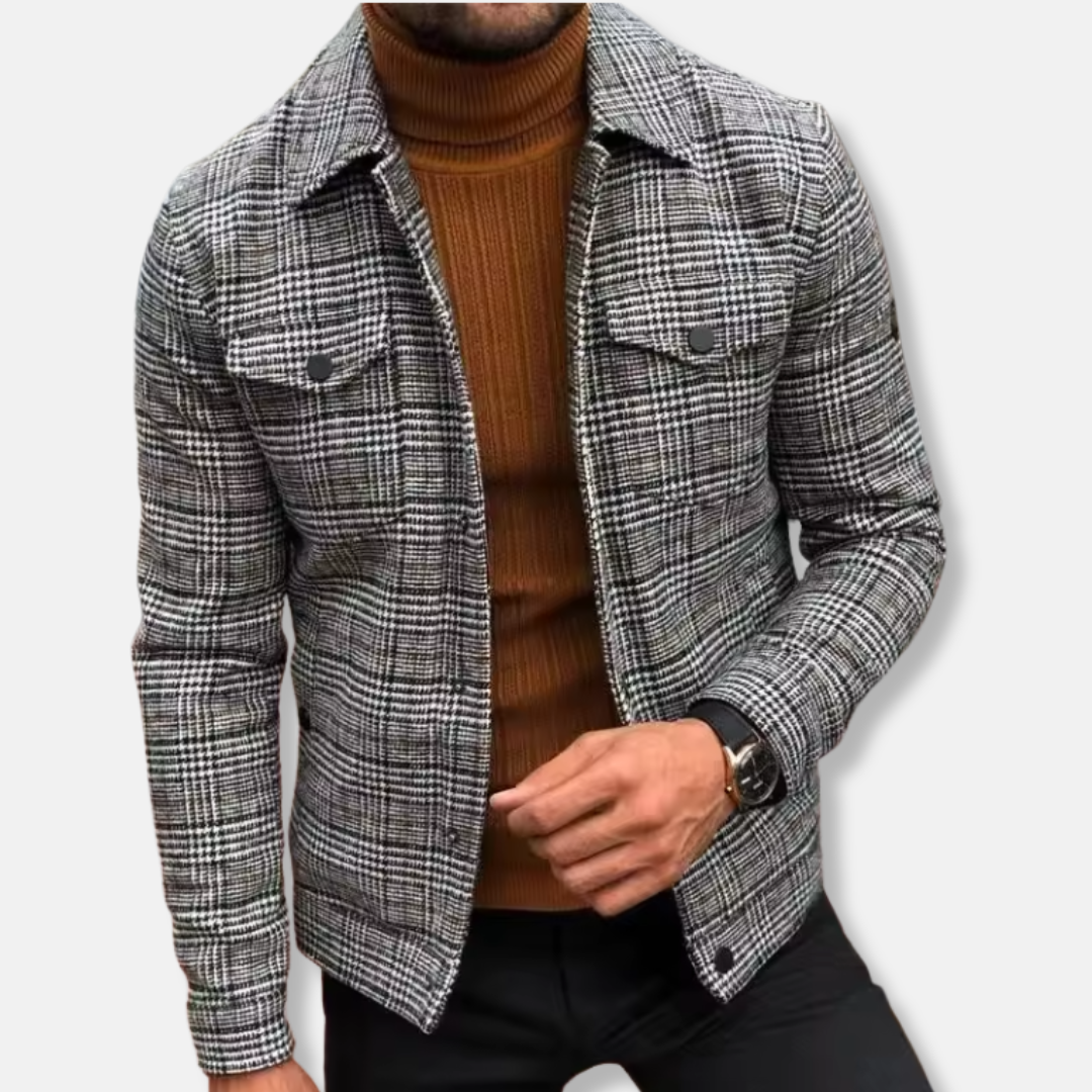 Men’s Plaid Jacket – Slim Fit – Lightweight Woven – Turn-Down Collar – Flap Pockets
