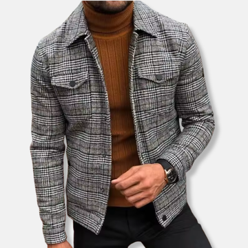 Men’s Plaid Jacket – Slim Fit – Lightweight Woven – Turn-Down Collar – Flap Pockets