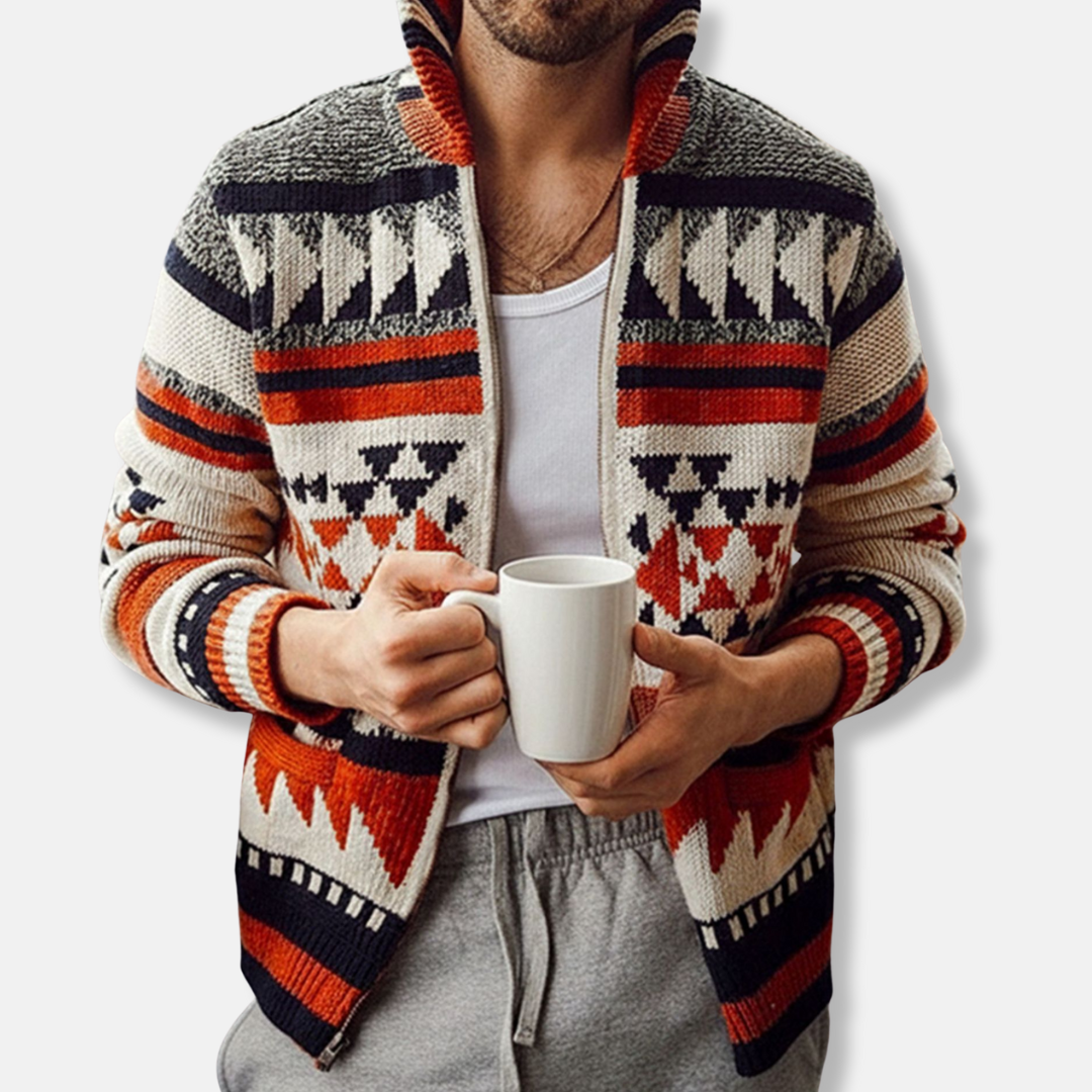 Men’s Cardigan – Wool Knit – Relaxed Fit – Full Zip – Tribal Pattern – Ribbed Trim