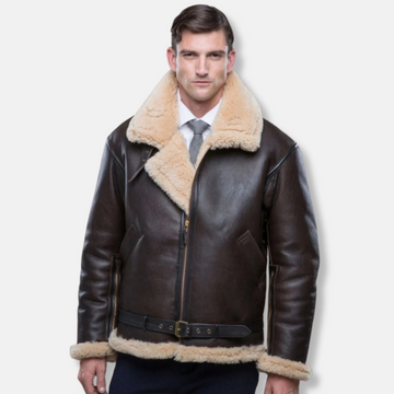 Men’s Leather Jacket – Structured Fit – Fur-Lined Collar – Zip Front – Waist Belt