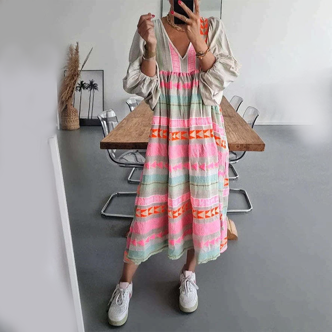 Women's Midi Dress - V-Neck - Long Puff Sleeves - A-Line Relaxed Fit - Geometric Pattern