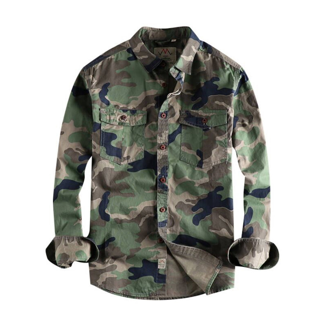 Button down camouflage shirt jacket for men, featuring a classic camo print and long sleeves.
