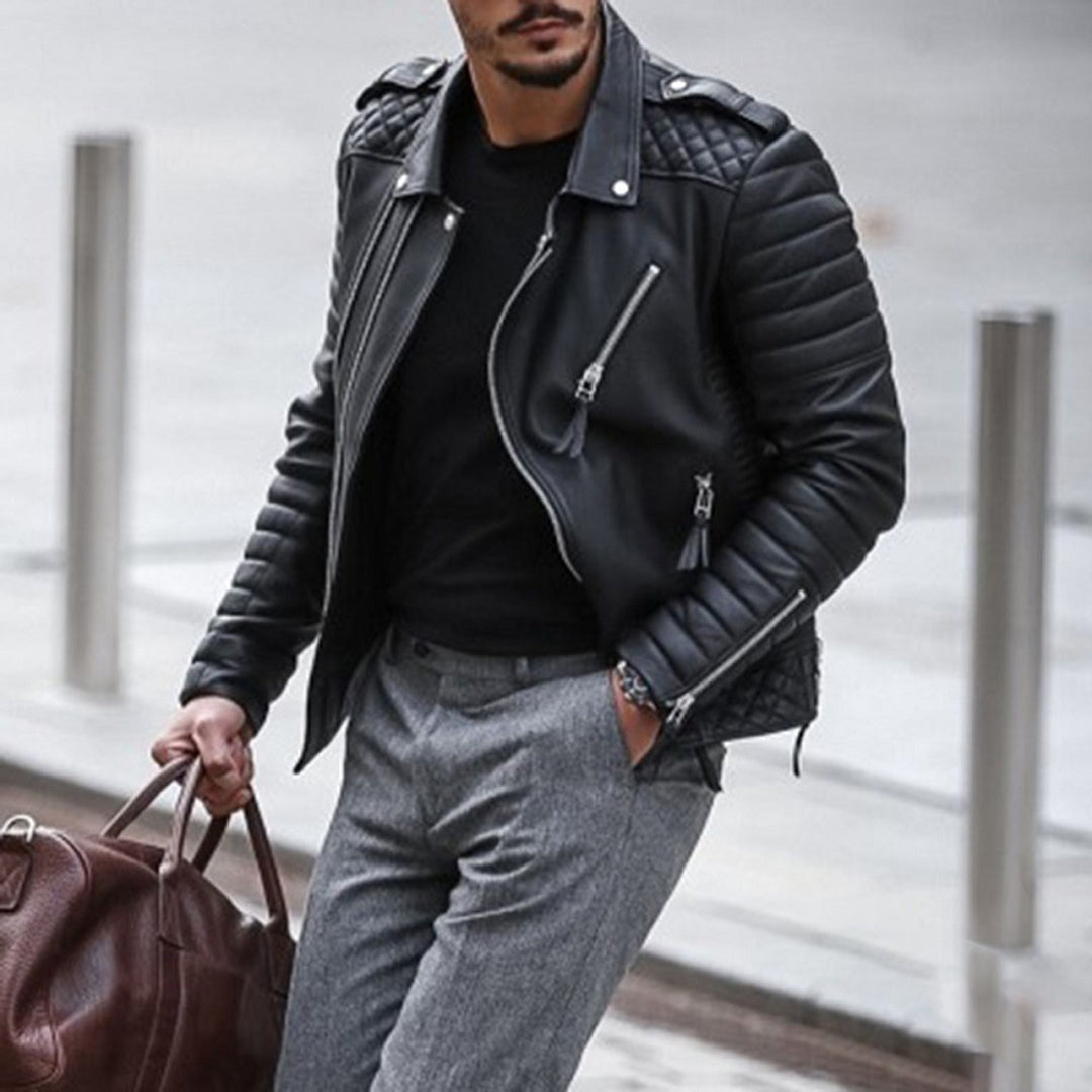 Men’s Quilted Leather Biker Jacket – Fitted Design – Snap-Tab Collar – Zipper Details