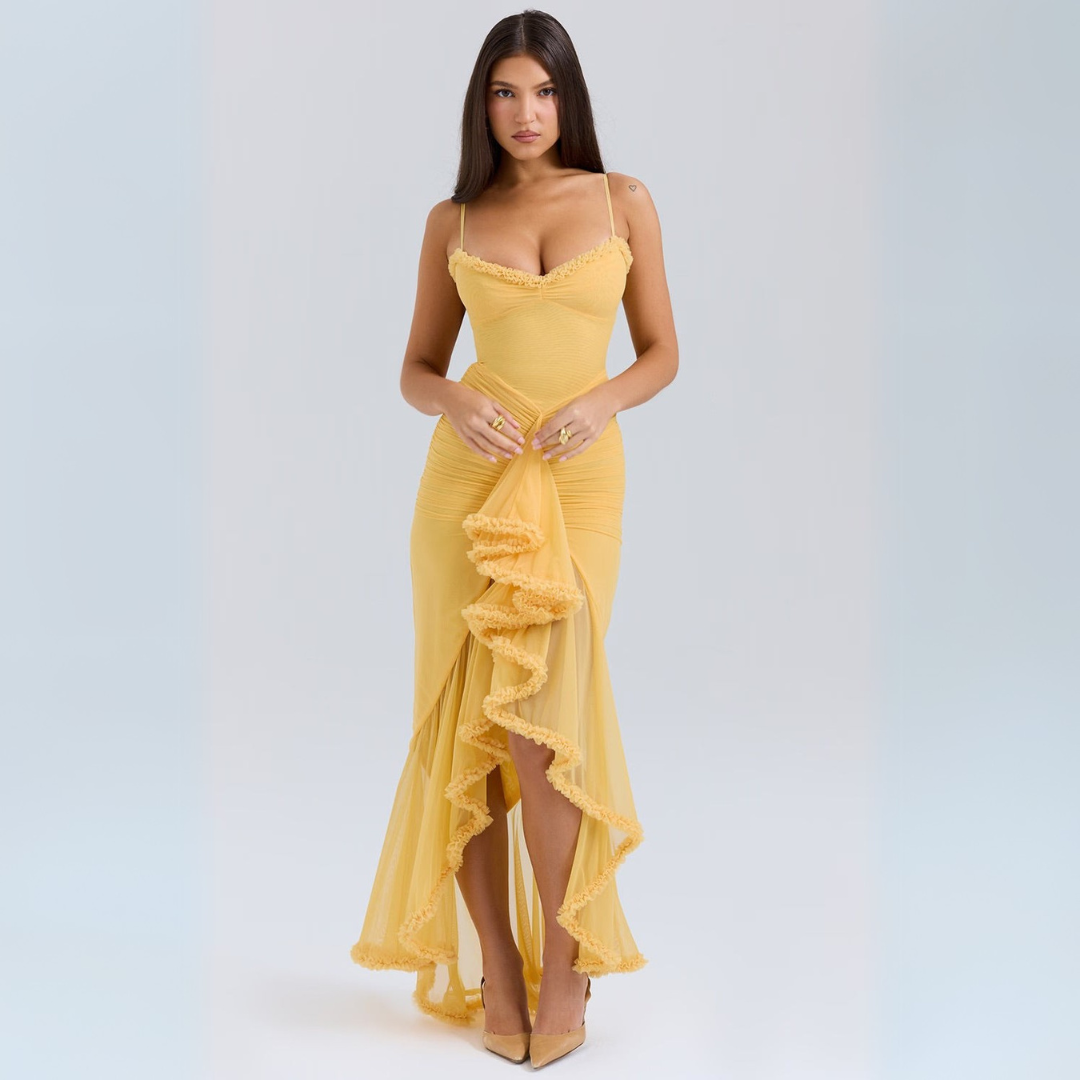 Women's Midi Dress - Ruched Bodycon Fit - Sweetheart Neckline - Asymmetrical Hem