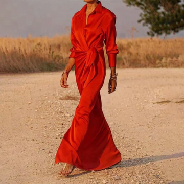 Women's Wrap Dress - Collared Neckline - Tie Waist - Long Sleeve - Elegant Flowing Fit