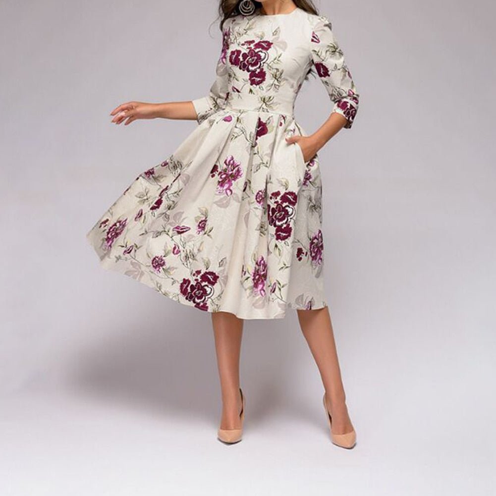 Women's Midi Dress - Fit-and-Flare A-Line - Three-Quarter Sleeve - Floral Print