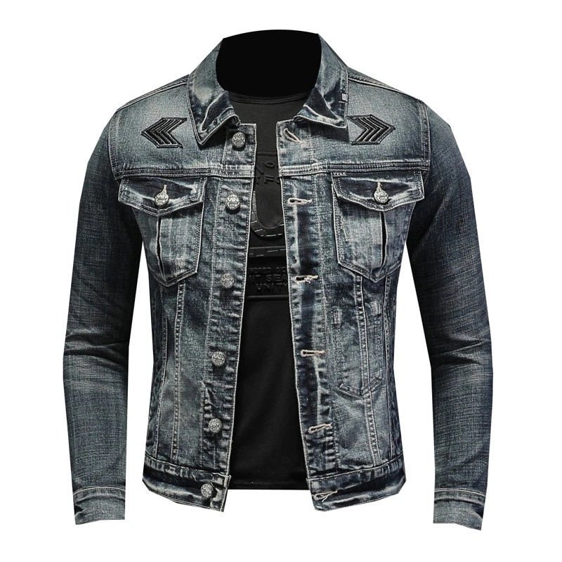 Men’s Denim Jacket – Slim Fit – Embroidered Chevron – Distressed Casual Style